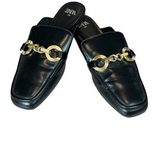 Zara Black Chain Mule Loafers Gold Hardware Square Toe Size 39 US 8.5 EUC